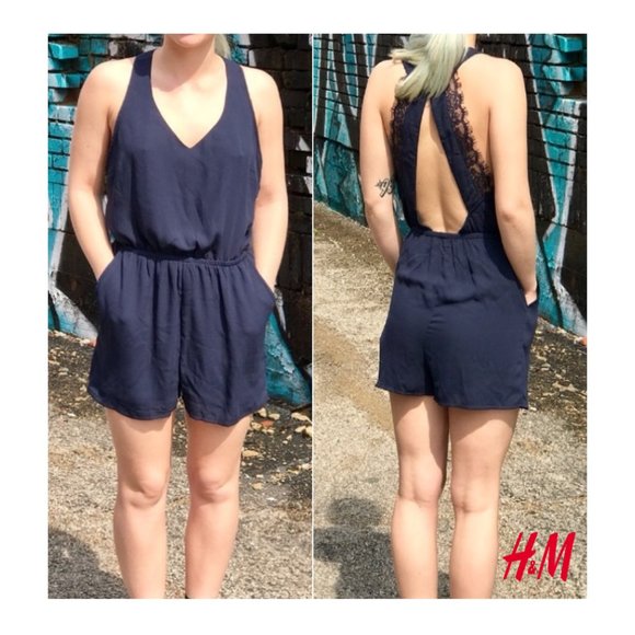 Divided by H&M Navy Lace Open Back Romper with Pockets! - Picture 15 of 16